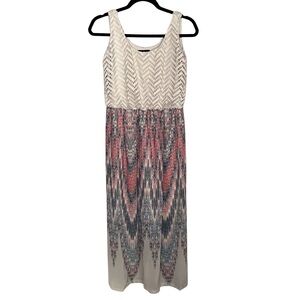 AUW Small Cream Crochet Bodice Maxi Dress with Pink & Blue Aztec Print sheer end